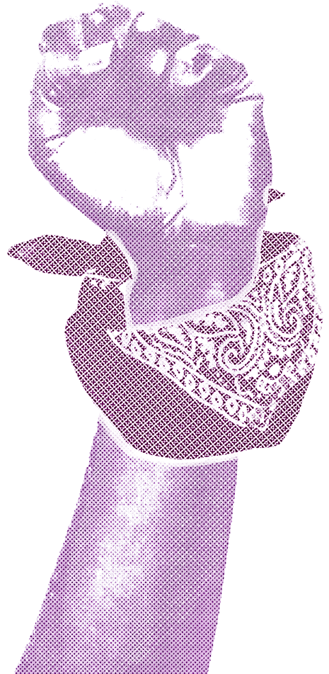 Clenched fist with feminist bandana wrapped around its ankle